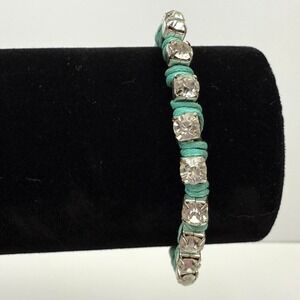 Crystal Rhinestone Bracelet Teal Wrap Button Closure Boho Chic Jewelry 6.5